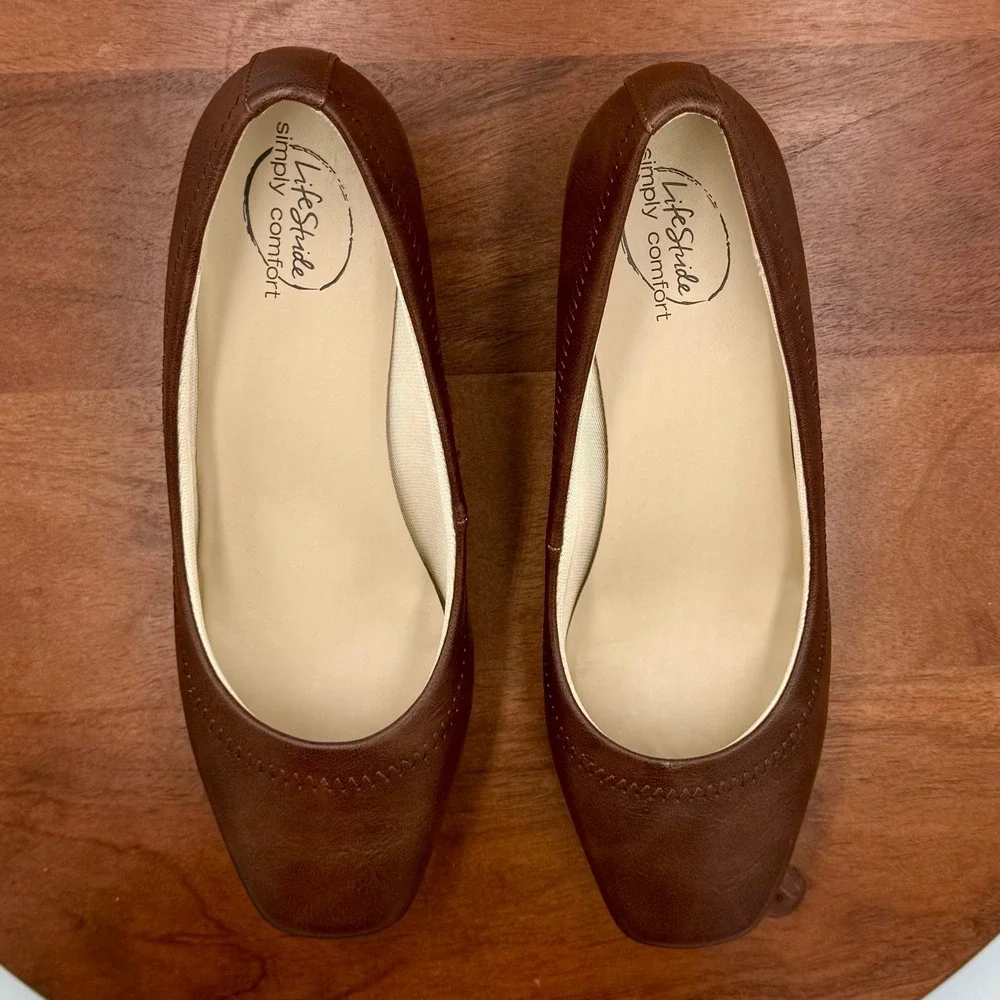 LifeStride Groovy Wedge Pumps Womens 8W Dark Tan Cowboy Brown Square Toe Comfort